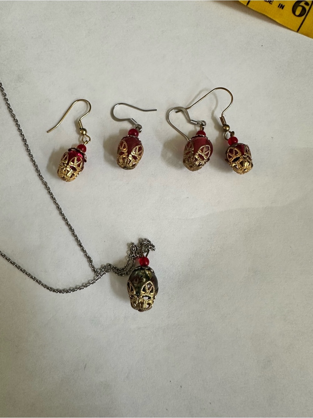 Red and Gold Filigree Bead Necklace & Earring Set